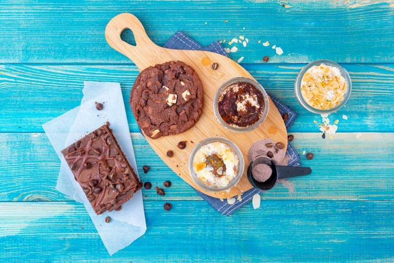 Brownie and Chocolate Cookie with Chocolate and Vanilla Desserts in Small Glass
